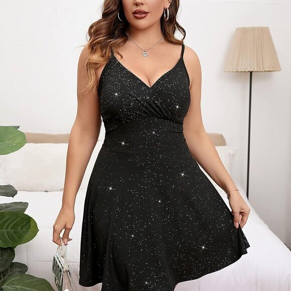 Women's Plus Size Sleeveless Glitter Wrap V Neck Flared Short Dress - Picture 5 of 6